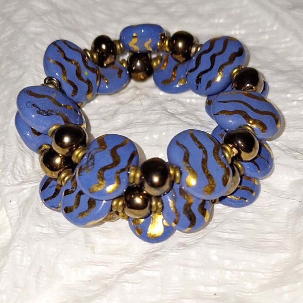 Art Glass Memory Wire Wrap Bracelet Chunky Blue Ceramic And Metal Elegant